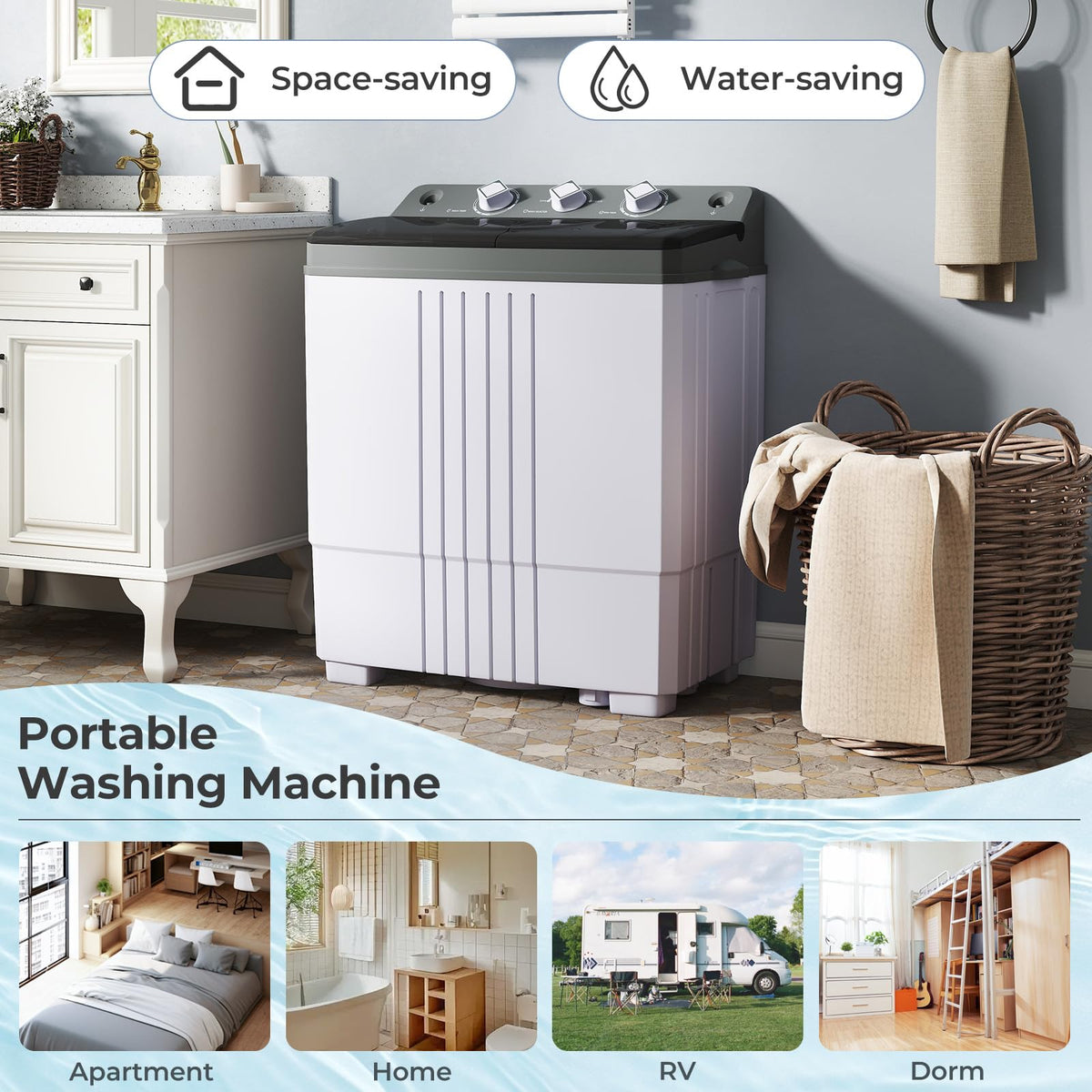 Giantex Portable Washing Machine, 20lbs Capacity, 12lbs Washer and 8lbs Spinner, Compact for Apartment RV, Gray & White, GX20313-PE