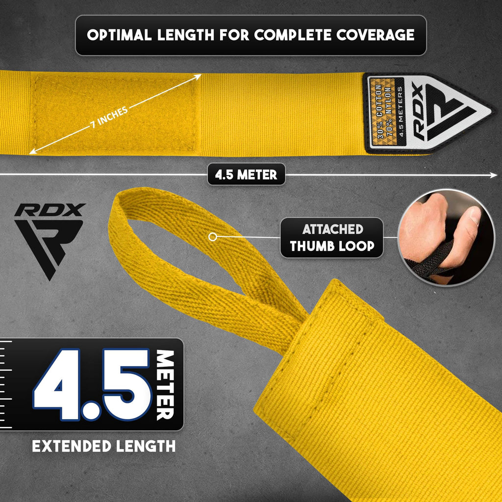 RDX Boxing Hand Wraps 4.5M / 180 Inches – Mexican Style Semi-Elastic MMA Inner Gloves - Wrist Support for Muay Thai, Kickboxing, BJJ, Karate - Thumb Loop & Hook and Loop Closure - Cotton & Nylon Blend