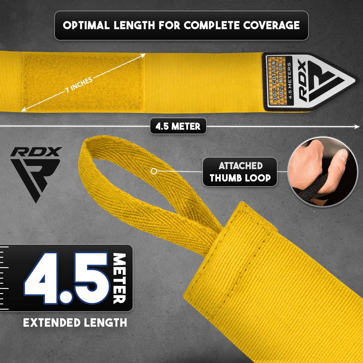 RDX Boxing Hand Wraps 4.5M / 180 Inches – Mexican Style Semi-Elastic MMA Inner Gloves - Wrist Support for Muay Thai, Kickboxing, BJJ, Karate - Thumb Loop & Hook and Loop Closure - Cotton & Nylon Blend