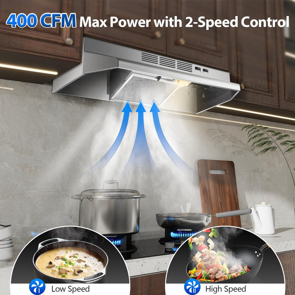 Tieasy Under Cabinet Range Hood 24 Inch, 400 CFM Stainless Steel Convertible Vent Hood with 2 Speed Exhaust Fan and Rocker Switch Control, Ducted/Ductless Kitchen Hood with Multiple Venting Options