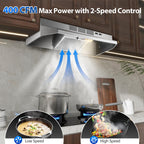Tieasy Under Cabinet Range Hood 24 Inch, 400 CFM Stainless Steel Convertible Vent Hood with 2 Speed Exhaust Fan and Rocker Switch Control, Ducted/Ductless Kitchen Hood with Multiple Venting Options