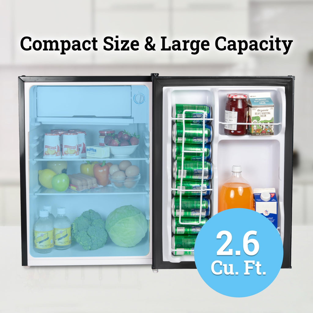 Igloo 2.6 Cu.Ft Mini Fridge with Freezer- Single Door Compact Refrigerator with Glass Shelves for Homes, Dorms & Offices- Keep Snacks, Drinks & Frozen Foods Cool with Temperature Control Fridge- White