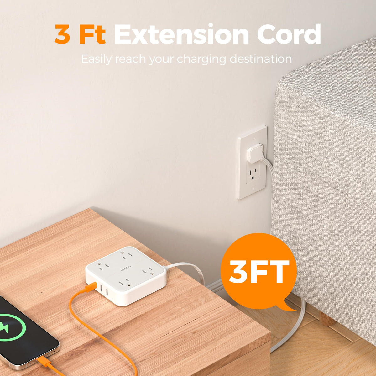 TESSAN PD 20W Surge Protector Extension Cord 5Ft, Flat Plug Power Strip