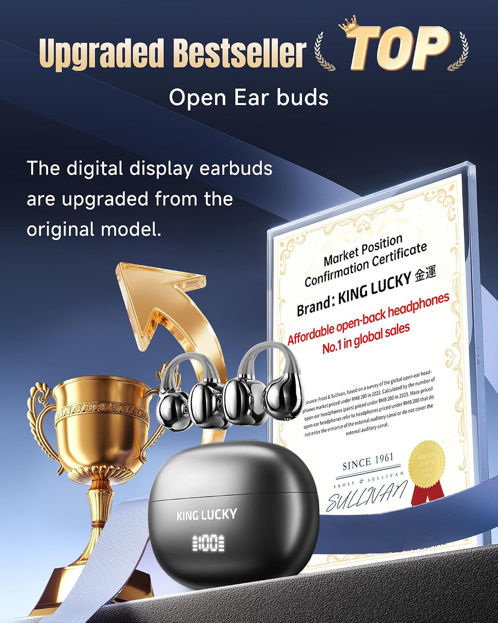 Kinglucky Clip-On Earbuds Gen 3, Open-Ear Wireless Bluetooth 6.0 Headphones with Mic, Secure Fit for Small Ears & Glasses Wearers, 50H Playtime, LED Digital Display, ENC, IPX5 Waterproof(Balck)