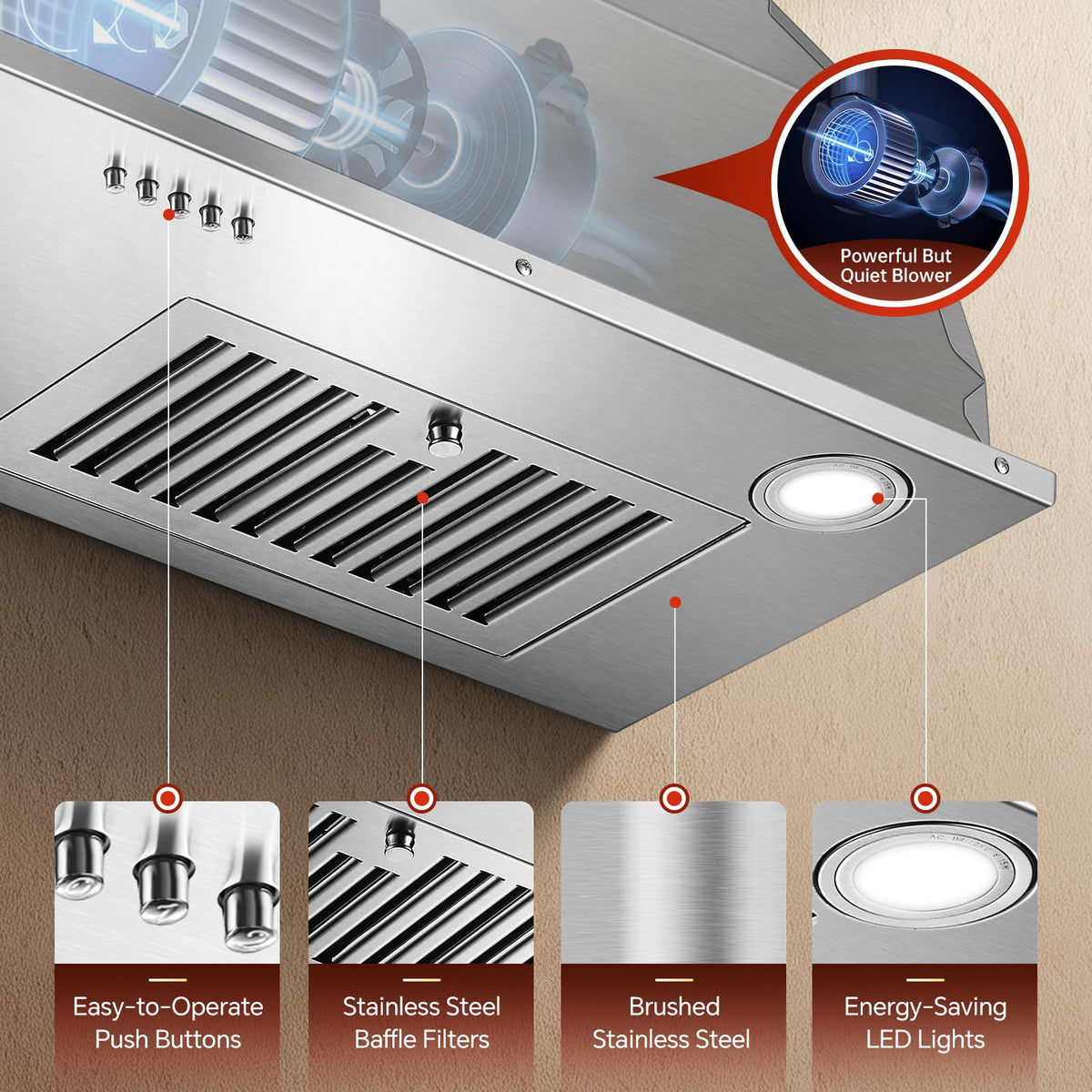 Range Hood Insert 30 inch,Stainless Steel Kitchen Vent Hood 600CFM,Built-in Kitchen Stove Hood w/Front Button Controls and Front LED Lights,Baffle Filters,Ducted/ductless Convertible Duct