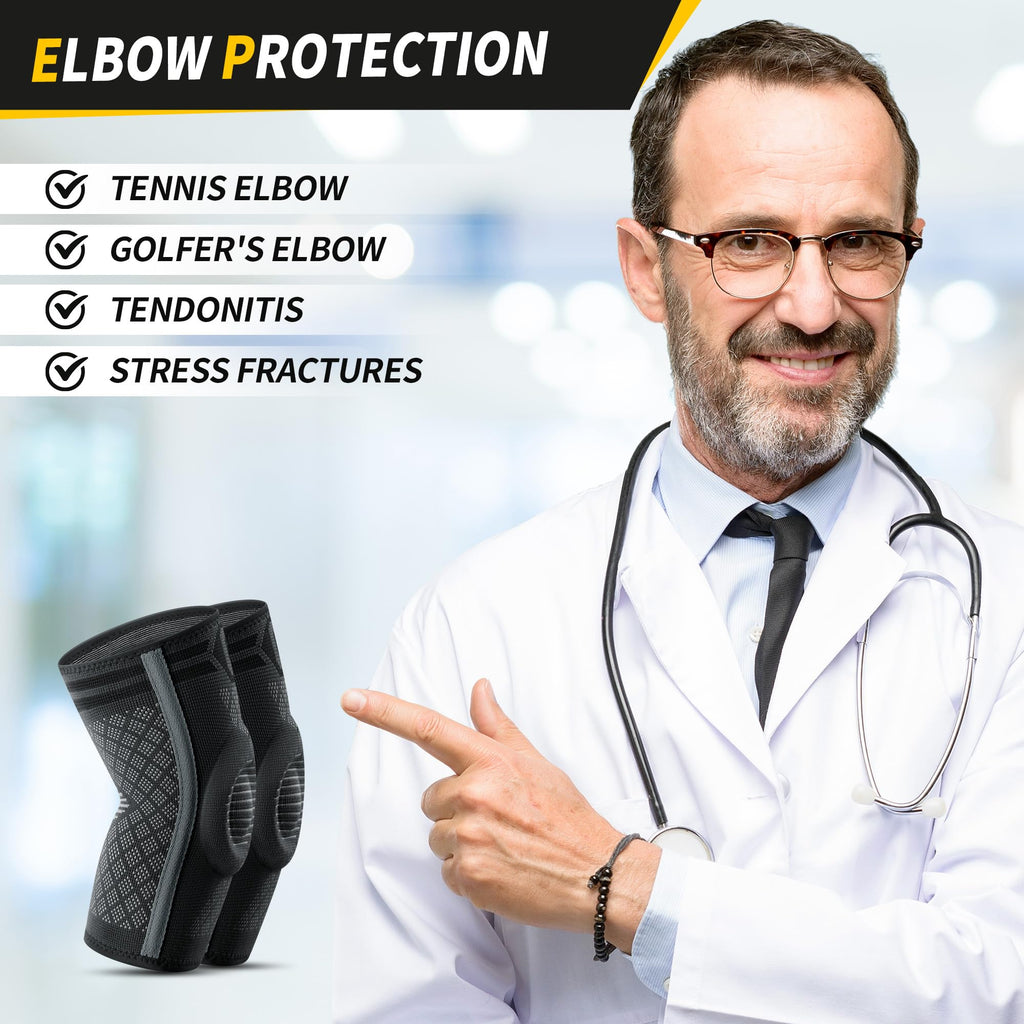 CAMBIVO Elbow Support for Men&Women 2 Pack, Upgraded Tennis Elbow Support Arm Sleeves with Gel Pad and Dual Stabilizers, Elbow Brace for Tennis, Weightlifting