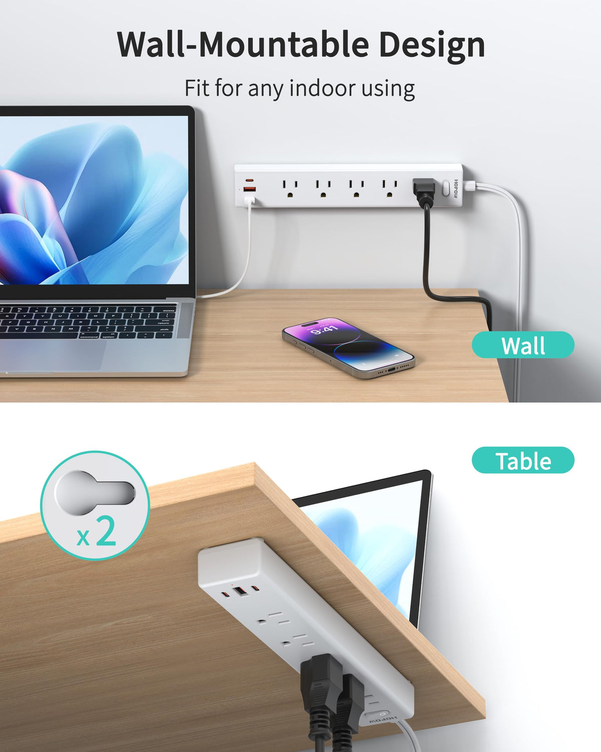 6FT Surge Protector Power Strip, 1700J, 5AC&1A2C, Flat Plug Extension Cord