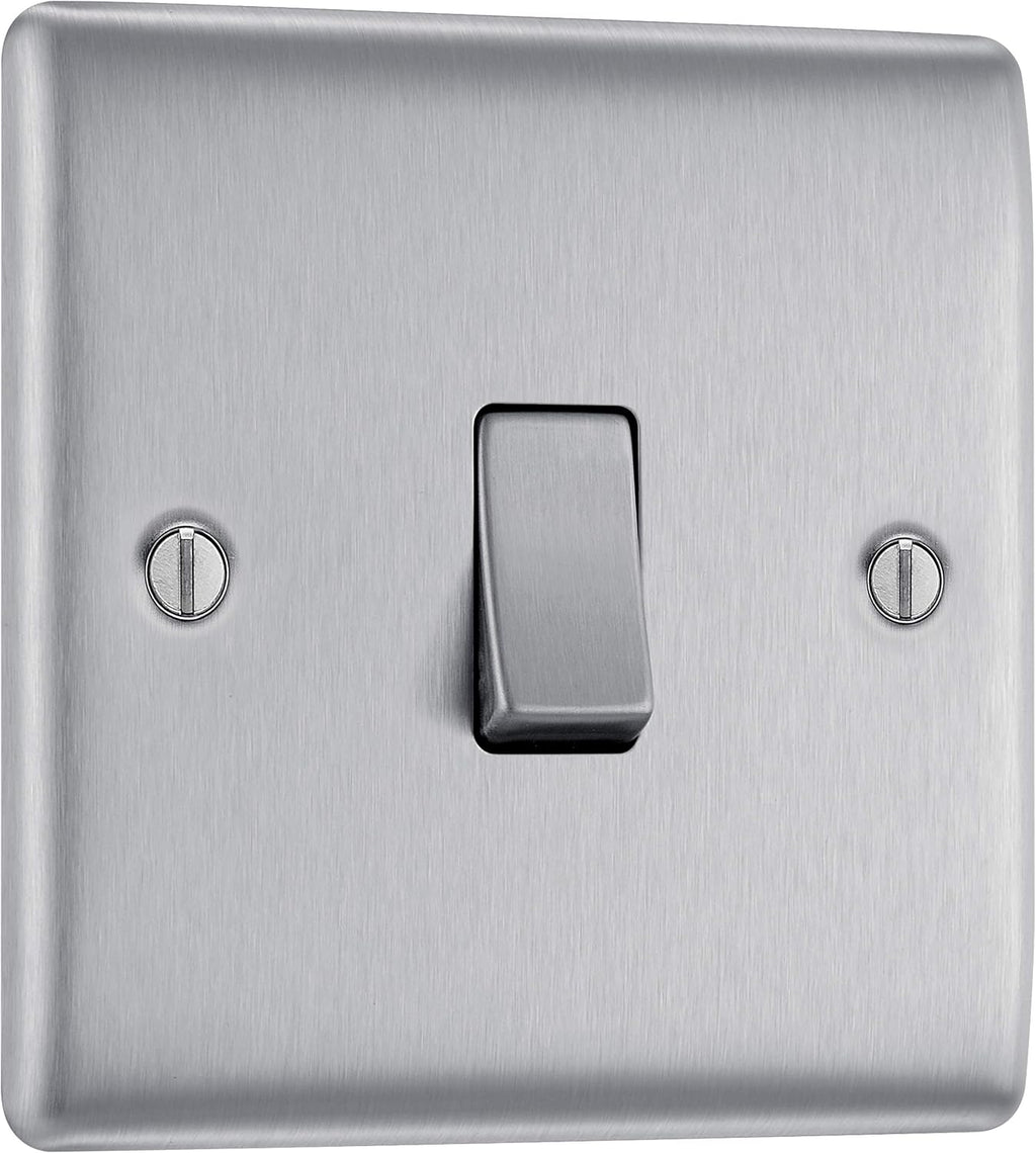 BG Electrical Single Wall Light Switch, 2 Way, Raised and Slim Profile, Round Edges, Nexus Metal, Brushed Steel, 20A, 16AX, NBS12