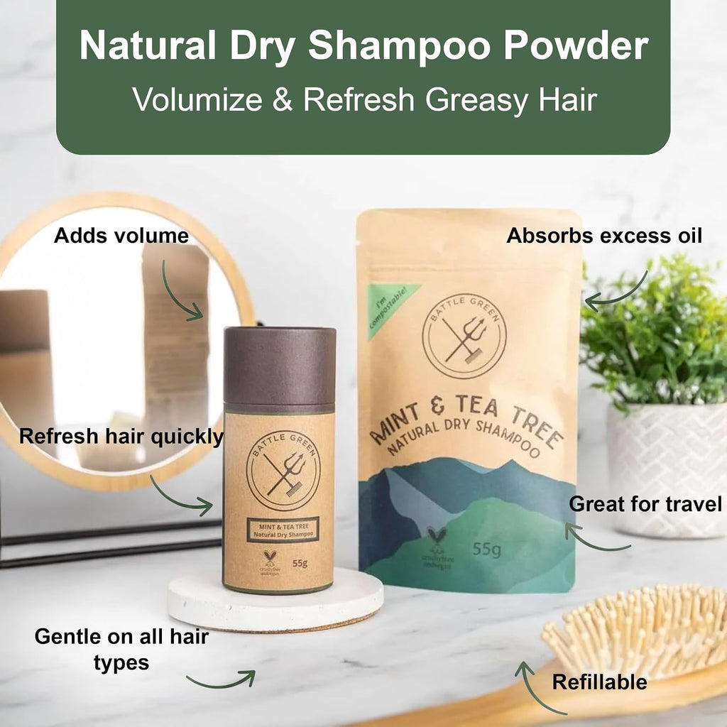 Battle Green Natural Dry Shampoo Powder 55g Tube (Mint and Tea Tree)