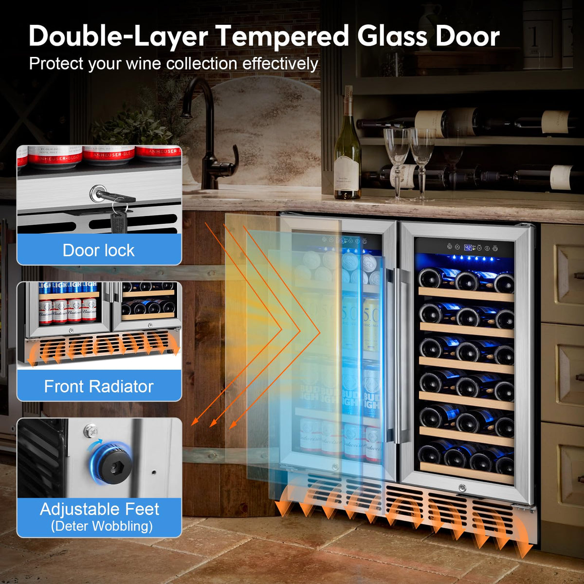 24" Dual Zone Wine and Beverage Refrigerator, Under Counter with Glass Door