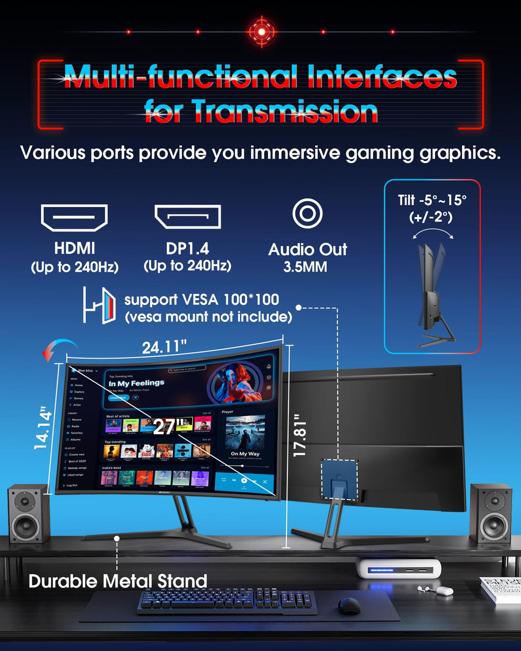 SANSUI 24 Inch Gaming Monitor 200Hz 1Ms FreeSync HDR 110% sRGB FHD 1080P Computer Monitor HDMI DP Ports Eye Care Frameless VESA Mount Cable Management(ES-G24F4L HDMI Cable Included)