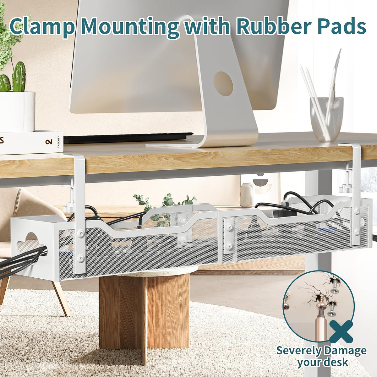 Under Desk Cable Management Tray 2 Pack, No Drill Cable Organizer With Clamp for Standing Desk, Easy to Install Cord Management System, No Damage Wire Organizer