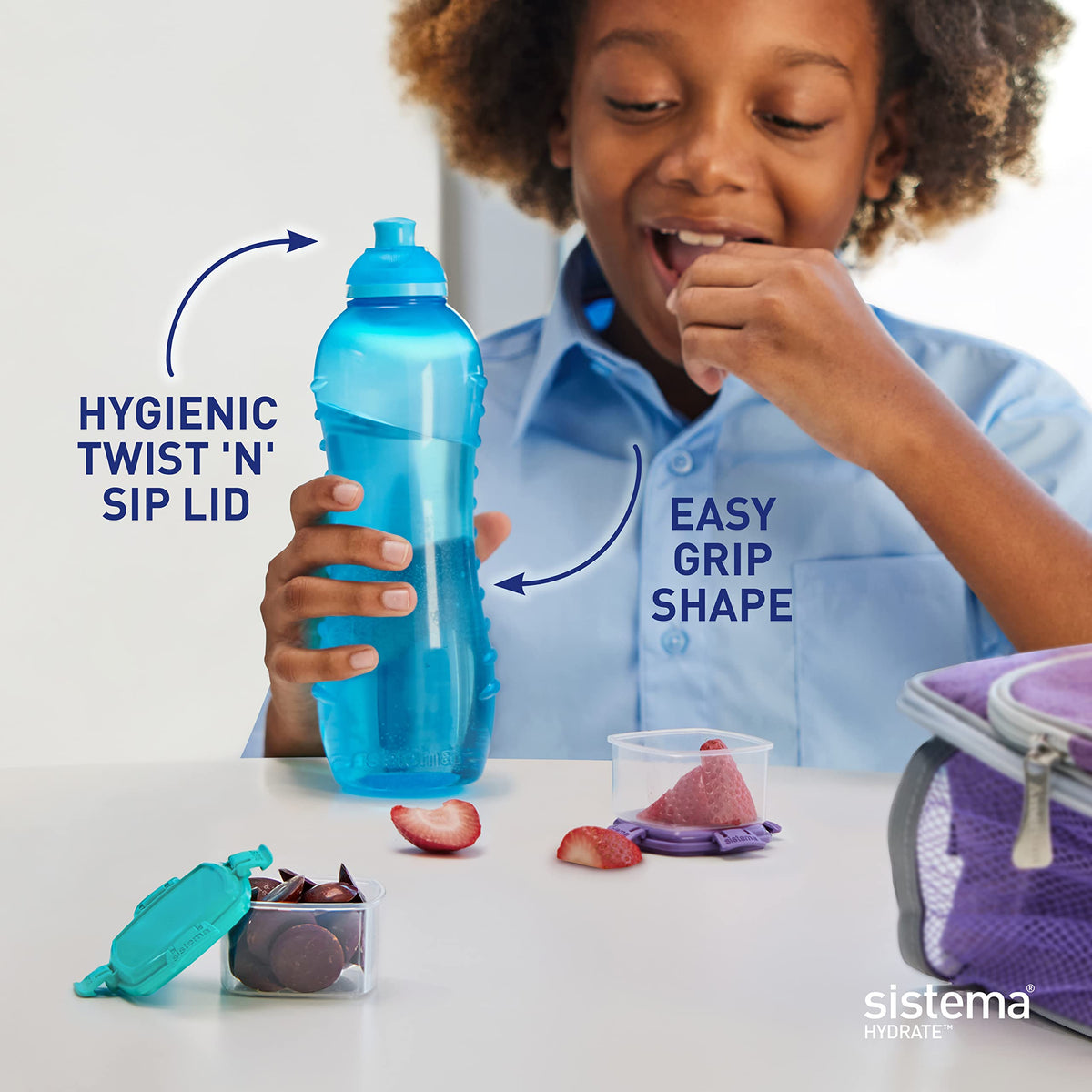 Sistema Squeeze Twist 'n' Sip Sports Water Bottles | 460 ml | Leakproof Kids Water Bottles | BPA-Free | Blue | 4 Count