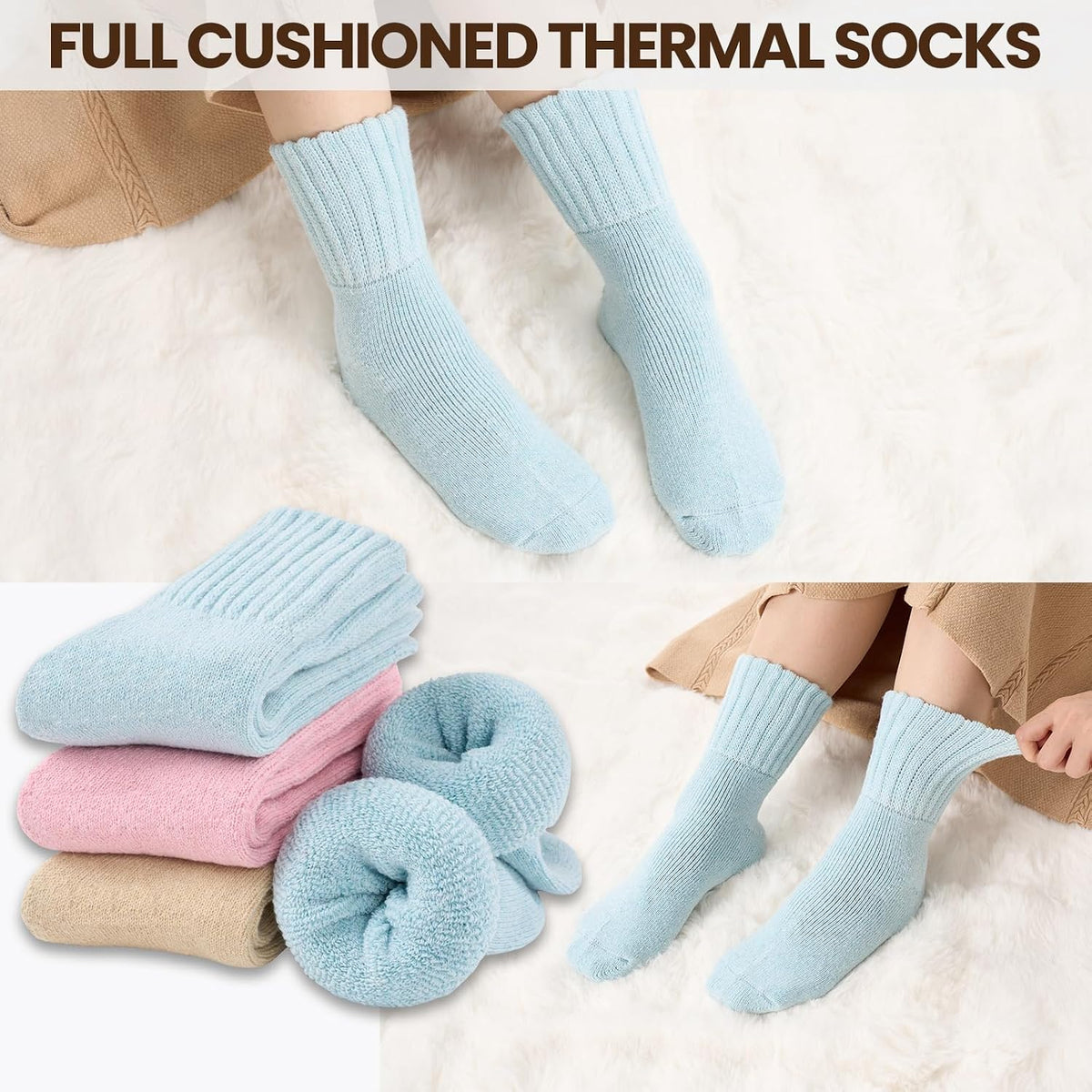 Niorasen Women's Thermal Socks, 3 Pairs Full Cushioned, Cosy Gift Winter