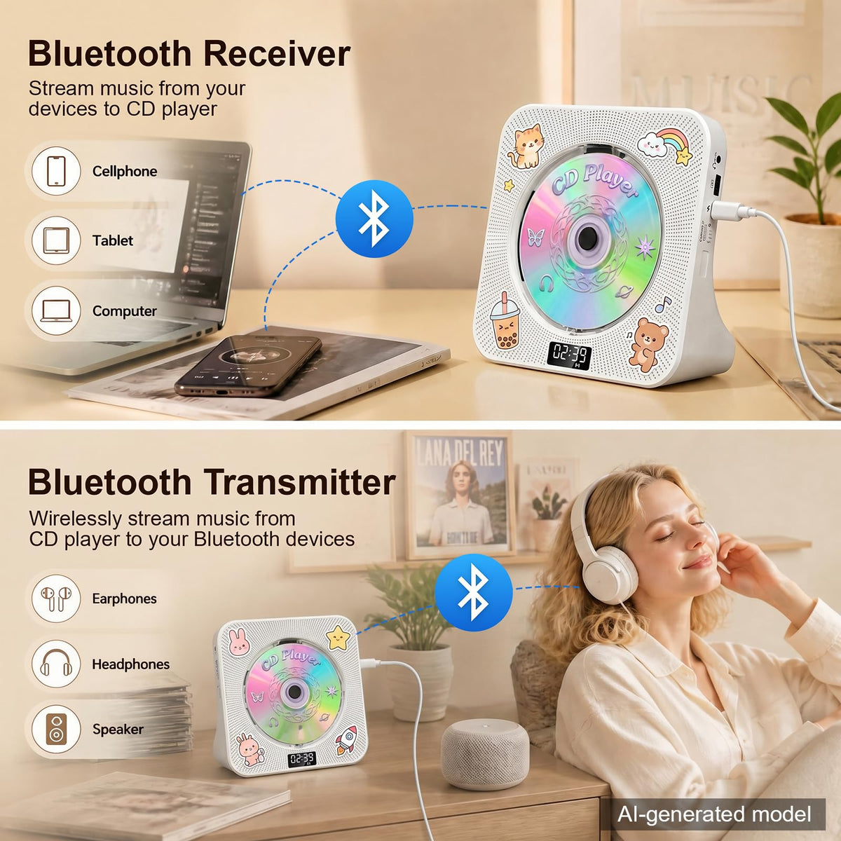 Gueray CD Player Portable Bluetooth Desktop CD Players for Home