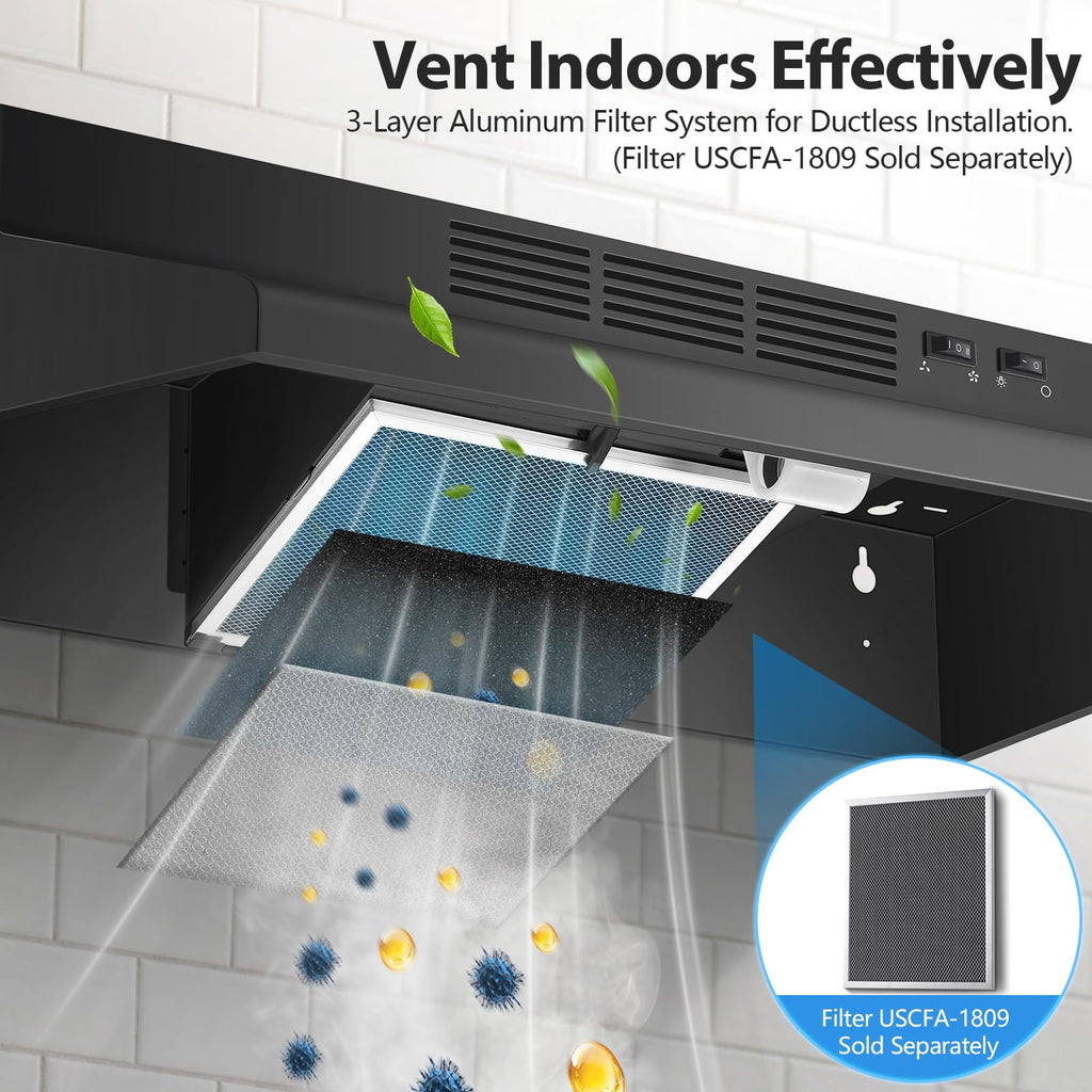 Tieasy Under Cabinet Range Hood 24 Inch, 400 CFM Stainless Steel Convertible Vent Hood with 2 Speed Exhaust Fan and Rocker Switch Control, Ducted/Ductless Kitchen Hood with Multiple Venting Options
