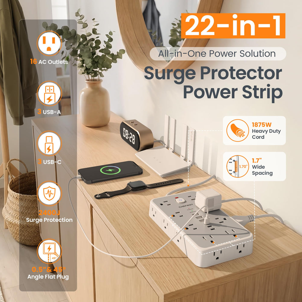 6 FT Surge Protector Power Strip with 6 USB, 16 Outlets, 2400J