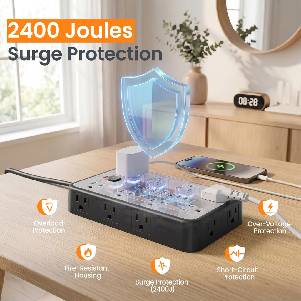 6 FT Surge Protector Power Strip with 6 USB, 16 Outlets, 2400J