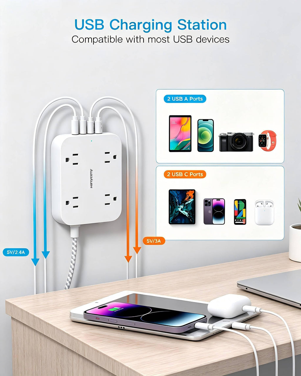 10 Ft Extension Cord, Flat Power Strip with 4 Outlets 4 USB Ports (2 USB C)