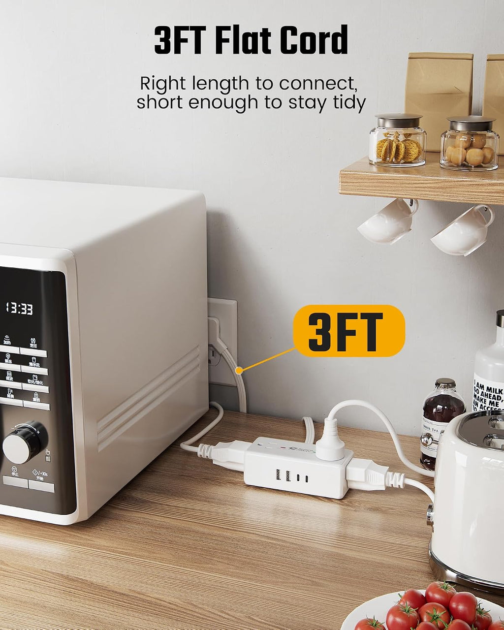 3Ft Short Extension Cord with Multiple Outlets, Surge Protector Power Strip