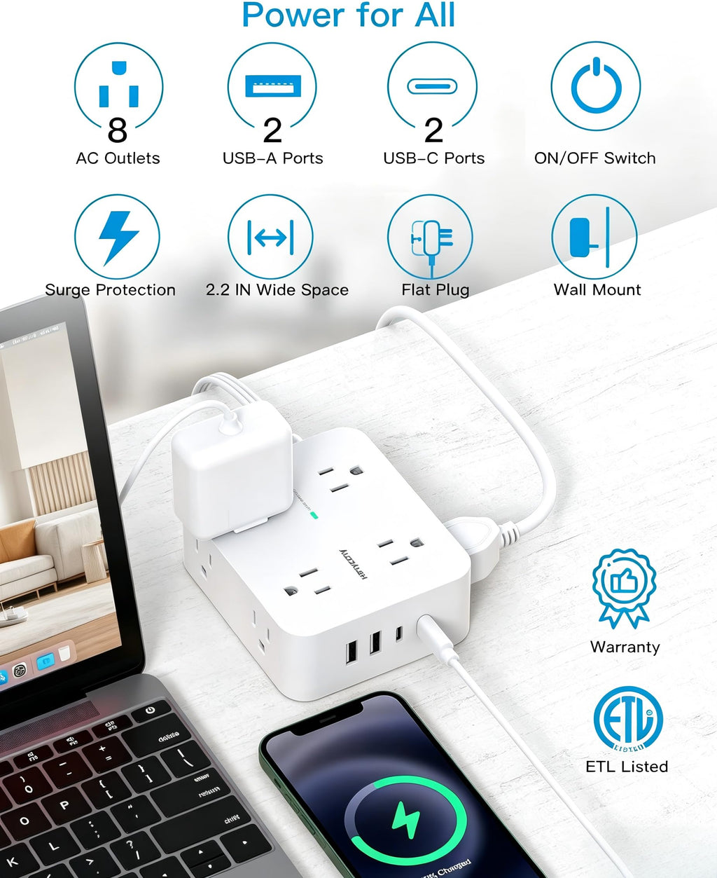 Extension Cord 10 Ft, Ultra Thin Flat Plug Power Strip Surge Protector