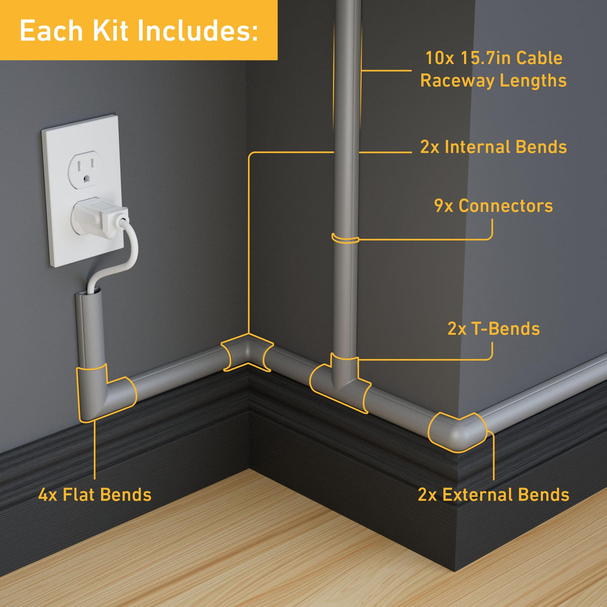 D-Line 157in Cord Cover Kit, Self-Adhesive Wire Hiders, Paintable Cable Raceway to Hide Wires on Wall, Electrical Cable Management - 10x 15.7 Lengths & 19 Accessories - 1.18" (W) x 0.59" (H) - Beige