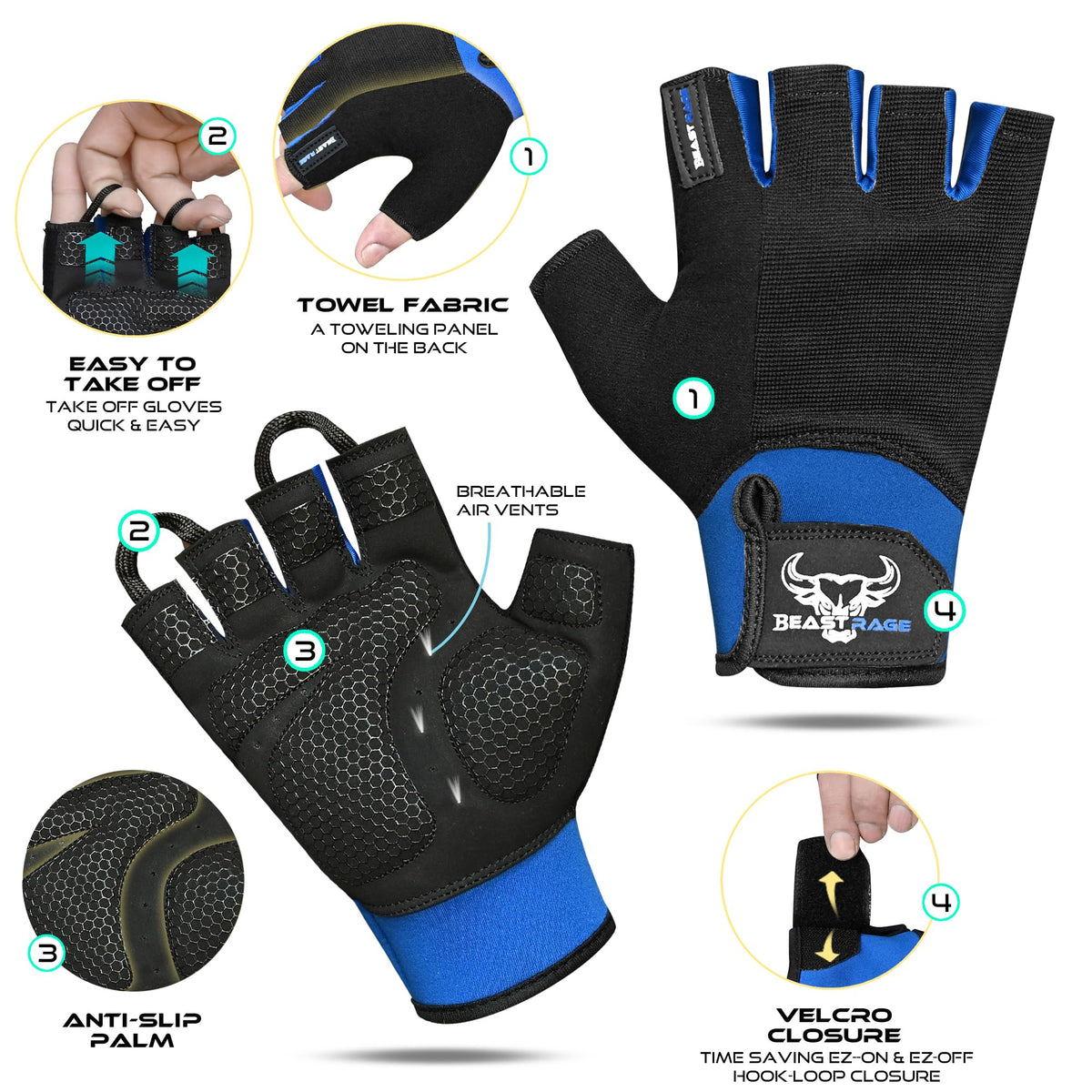 BEAST RAGE Gym Gloves Weight lifting Gloves Training Anti Slip Padded Palm Half Finger Powerlifting Workout Exercise Gloves for Men and Women