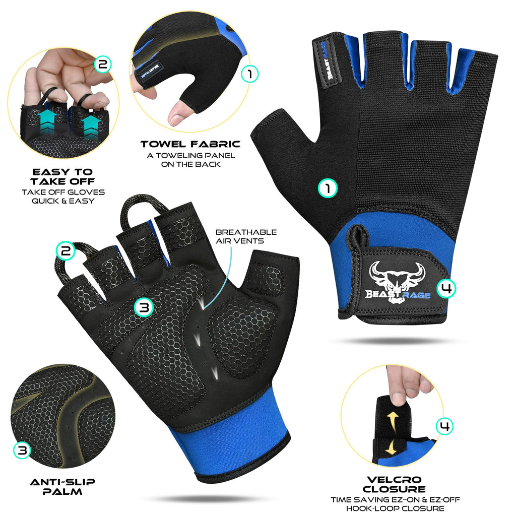 BEAST RAGE Gym Gloves Weight lifting Gloves Training Anti Slip Padded Palm Half Finger Powerlifting Workout Exercise Gloves for Men and Women
