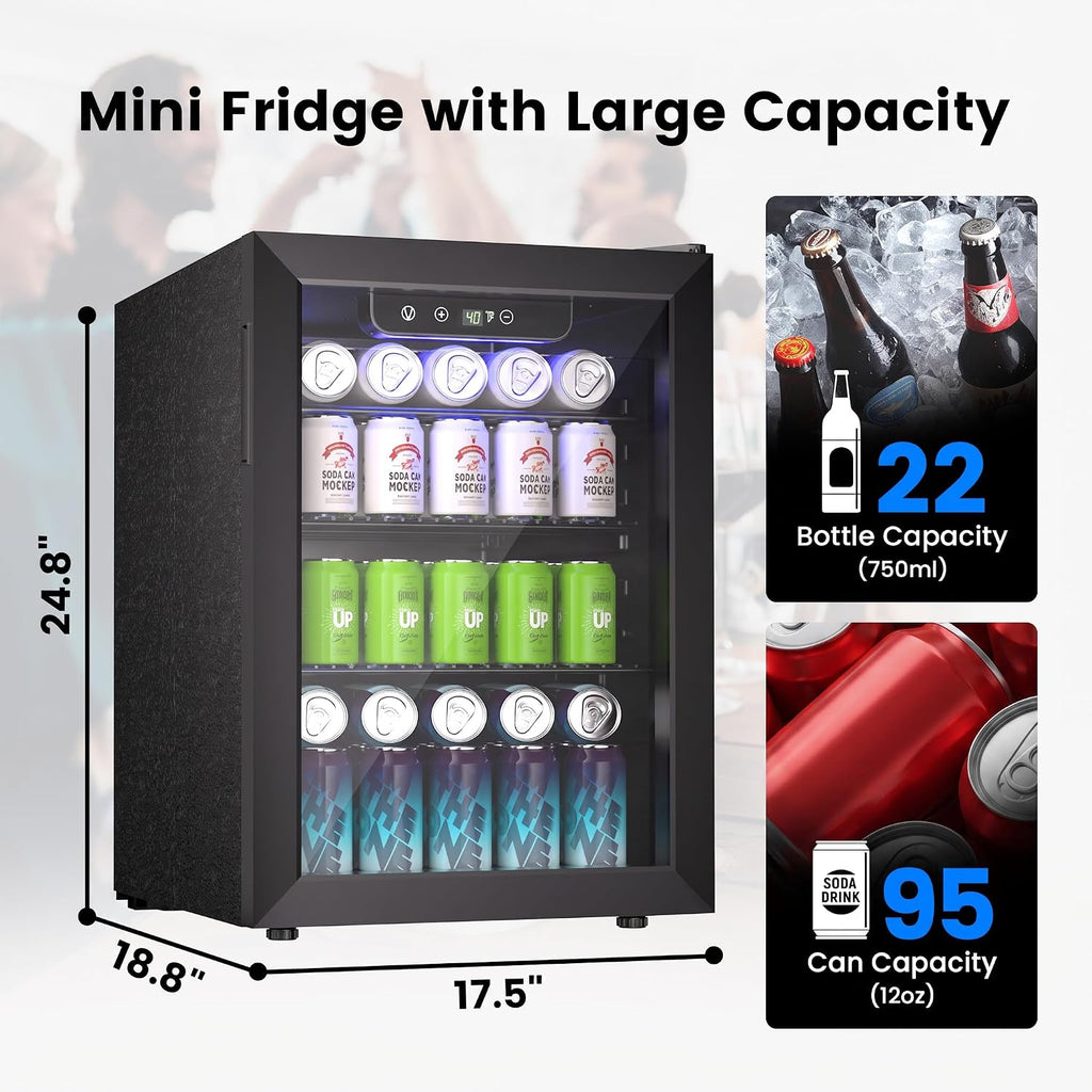 Feelfunn 2.6CuFt Beverage Refrigerator, 95 Can Mini Fridge with Glass Door