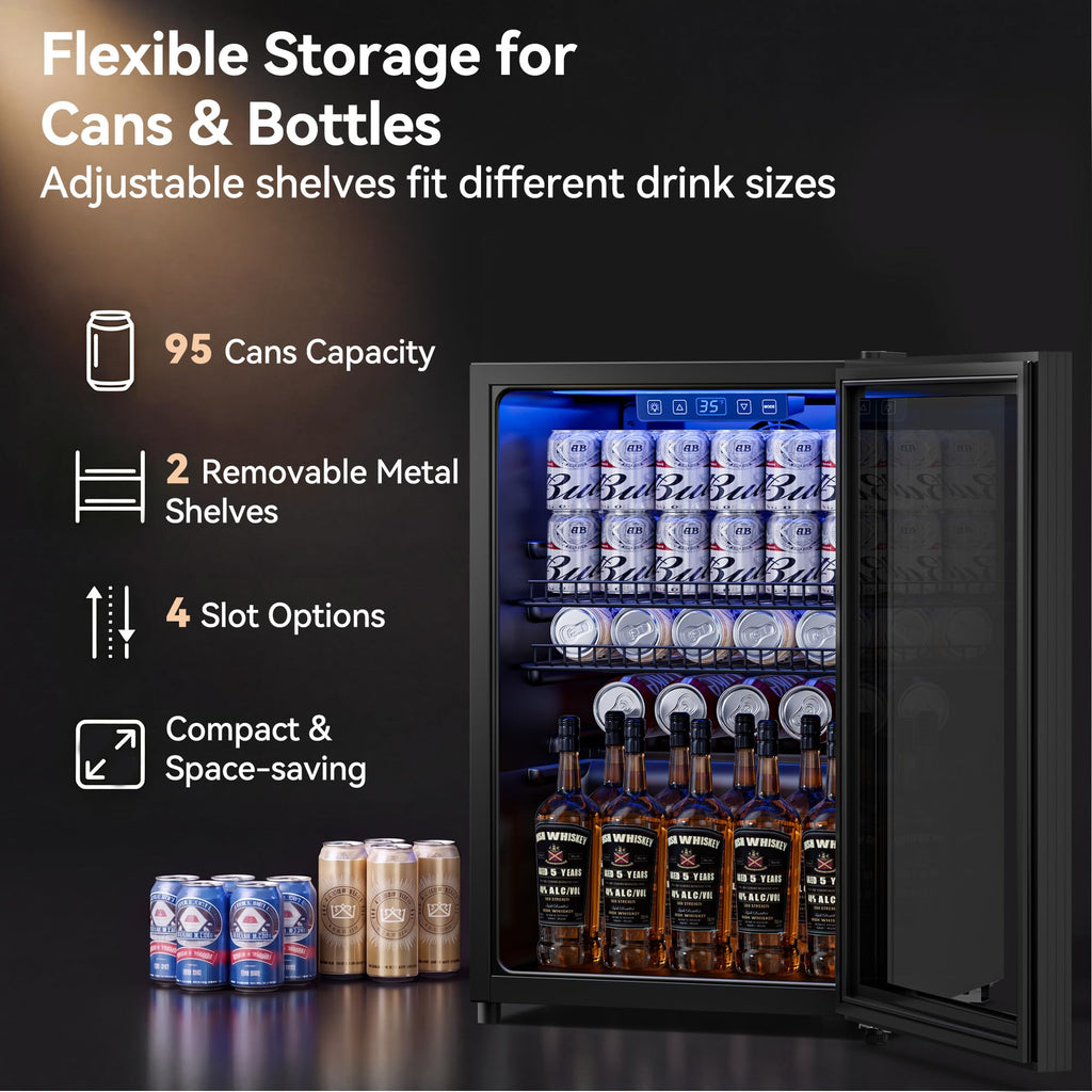 2.5 Cu.Ft Beverage Fridge, Glass Door Mini Fridge, Silver, 96 Can