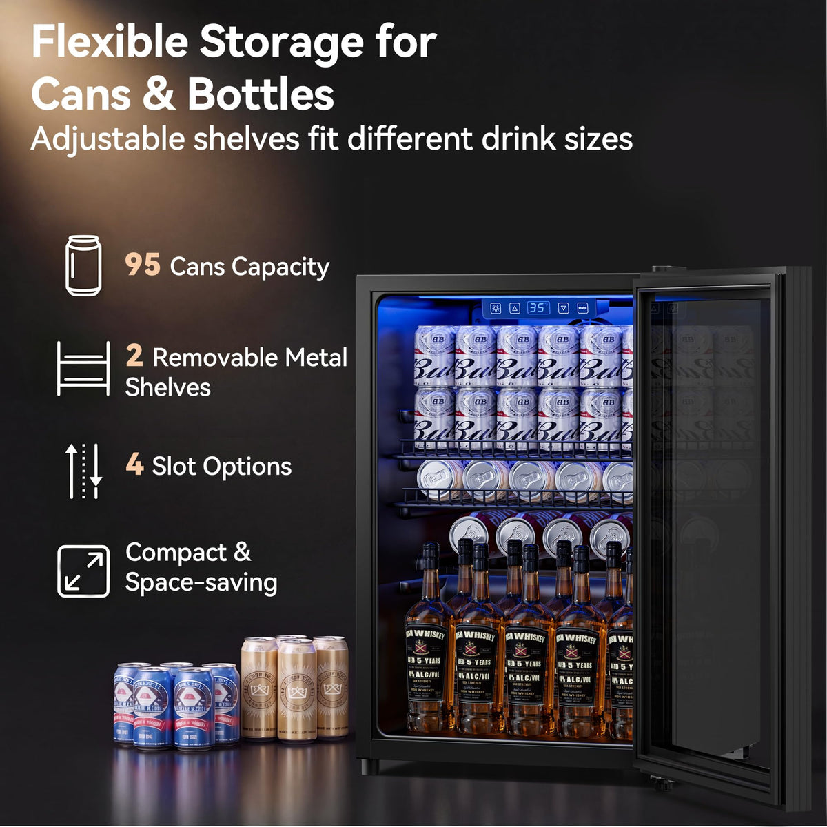 2.5 Cu.Ft Beverage Fridge, Glass Door Mini Fridge, Silver, 96 Can