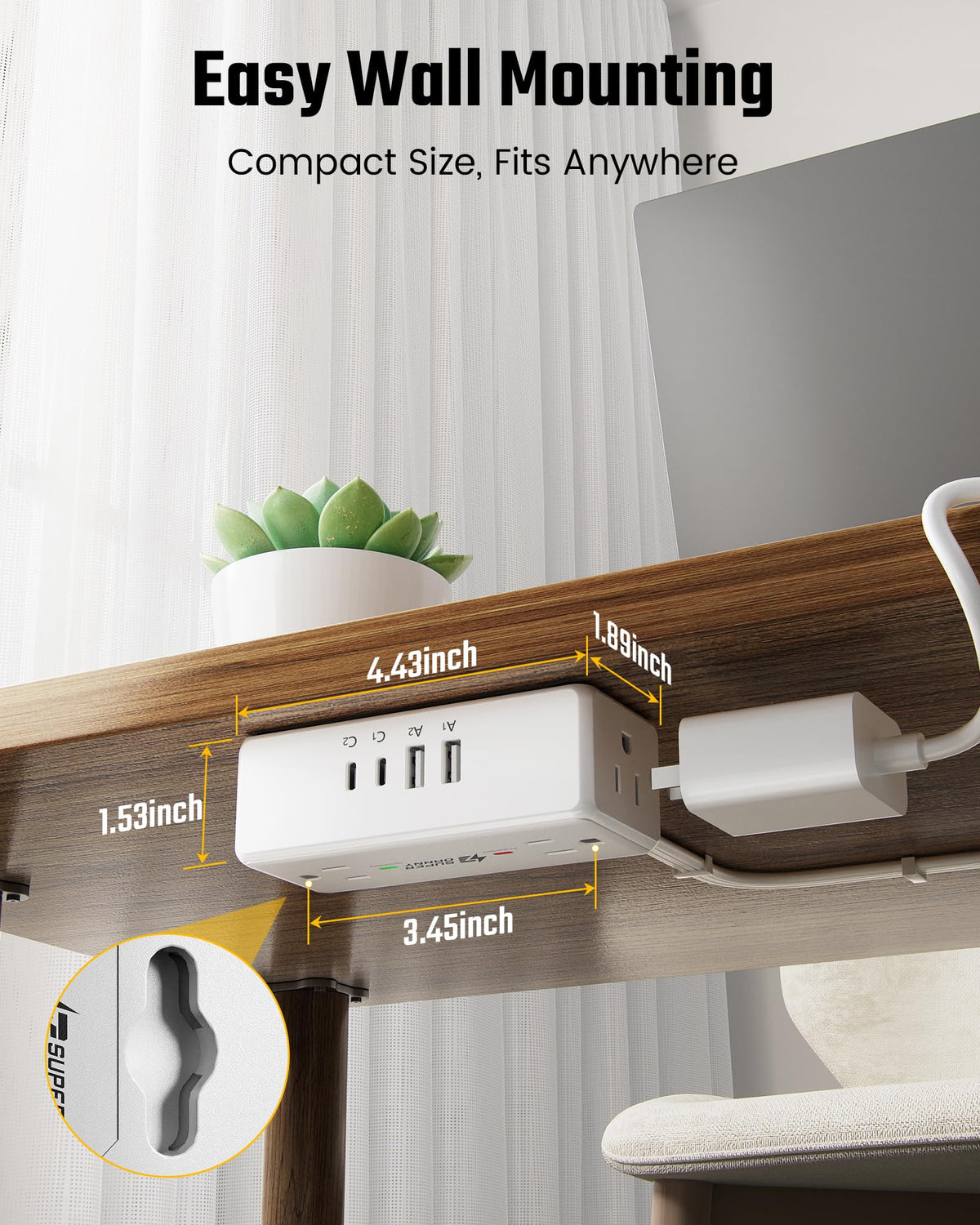 3Ft Short Extension Cord with Multiple Outlets, Surge Protector Power Strip