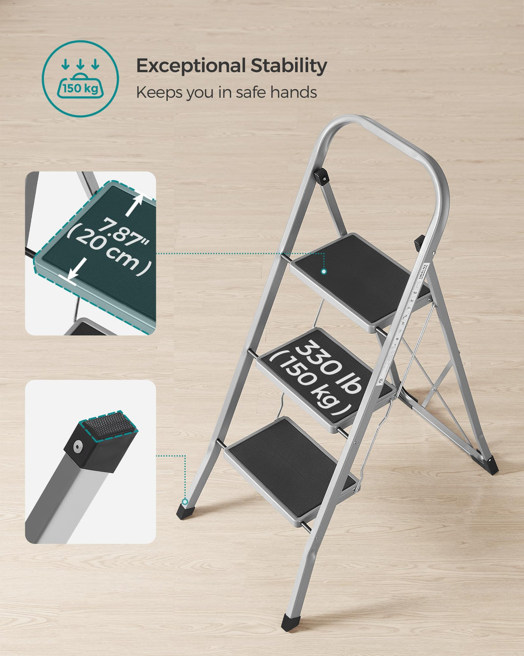 SONGMICS 3-Step Ladder, Folding Step Ladder, Safety, Holds up to 150KG