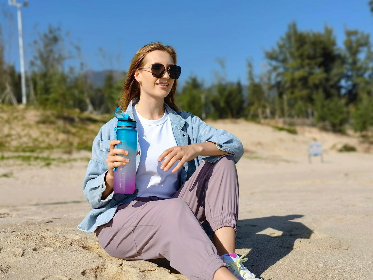 EYQ 1L Water Bottle, 1 Litre Water Bottle with Straw, 32oz Leak-Proof Motivational Sports Drinks Bottle with Time Marker, Tritan BPA-Free, Drinking Waterbottles for Gym Outdoor Sports