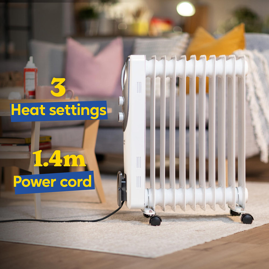 Russell Hobbs 2000W/2KW Oil Filled Radiator, 9 Fin Portable Electric Heater - White, Adjustable Thermostat with 3 Heat Settings, Safety Cut-off, 20 m sq Room Size, RHOFR5002, 2 Year Guarantee