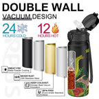 GOPPUS 600ml/20oz Stainless Water Bottle with Straw Double Wall Insulated Bottles with Strap One Hand Open Vacuum Thermal Flask with Flip Top Lid Leakproof Keep Cold Drinks BPA Free