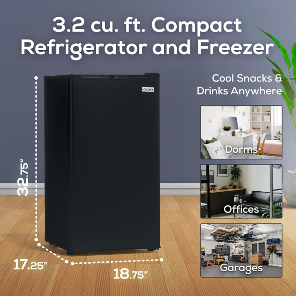 Igloo 2.6 Cu.Ft Mini Fridge with Freezer- Single Door Compact Refrigerator with Glass Shelves for Homes, Dorms & Offices- Keep Snacks, Drinks & Frozen Foods Cool with Temperature Control Fridge- White