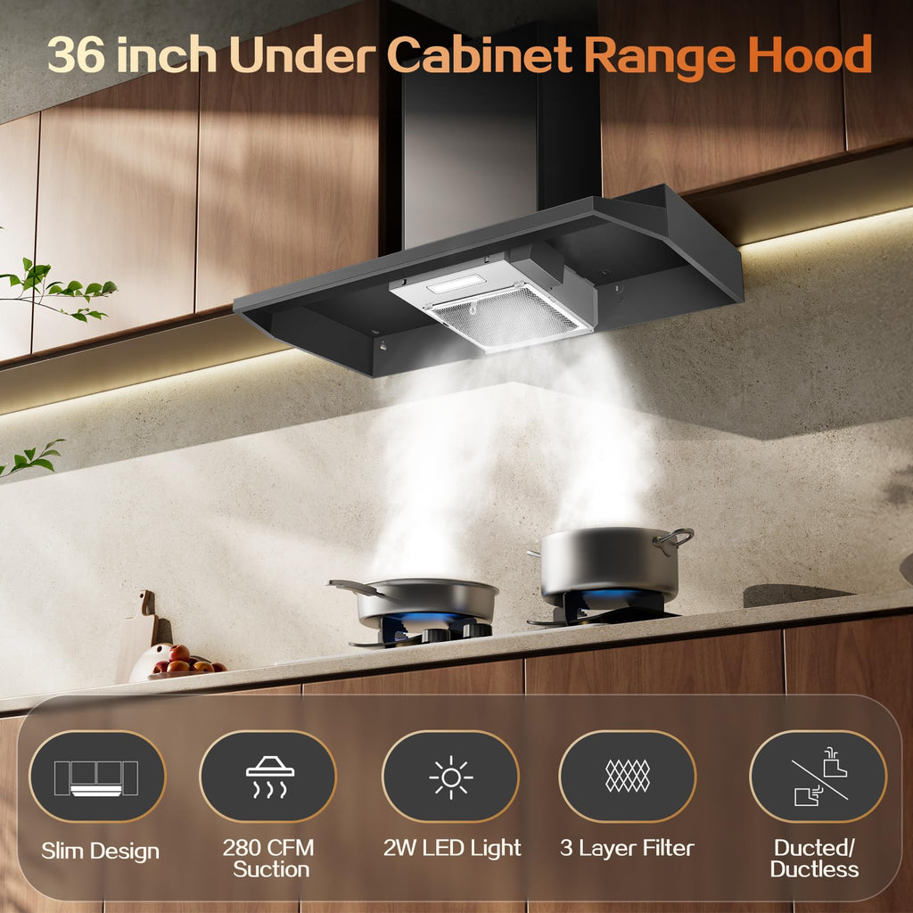 Range Hood 30 inch Under Cabinet, Stainless Steel Kitchen Vent Hood 280CFM, Built-in Kitchen Stove Hood w/Rocker Button Control, Ducted/Ductless Convertible Duct, 2 Speeds Fan, Bright LED Light