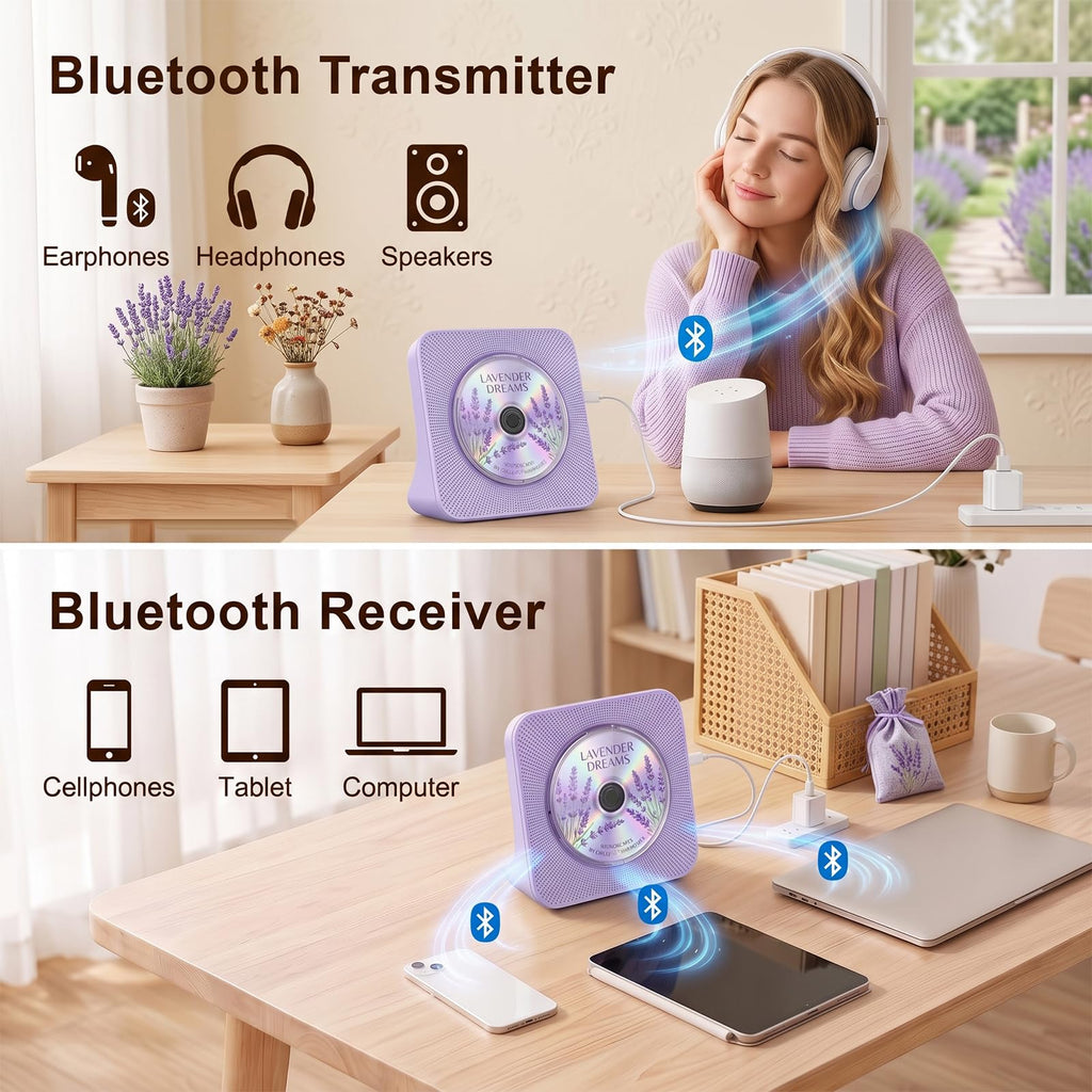 Portable CD Player with Bluetooth, Gueray Desktop CD Players for Home, Bulit-in Double HiFi Speakers, AUX&Headphone Jack, FM Radio Boombox with Remote Control, USB Port,LCD Display (White)