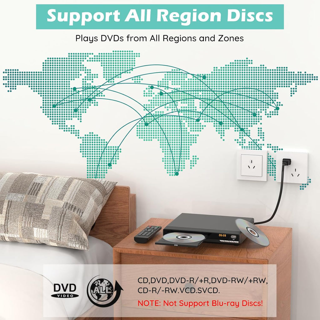 DVD Players for TV with HDMI,Plays All Regions and Formats,CD Players for Home,Support 1080P Video/CD/DVD/VCD/JPEG/USB, Remote, HDMI and RCA Cables Included (2026 New Model)