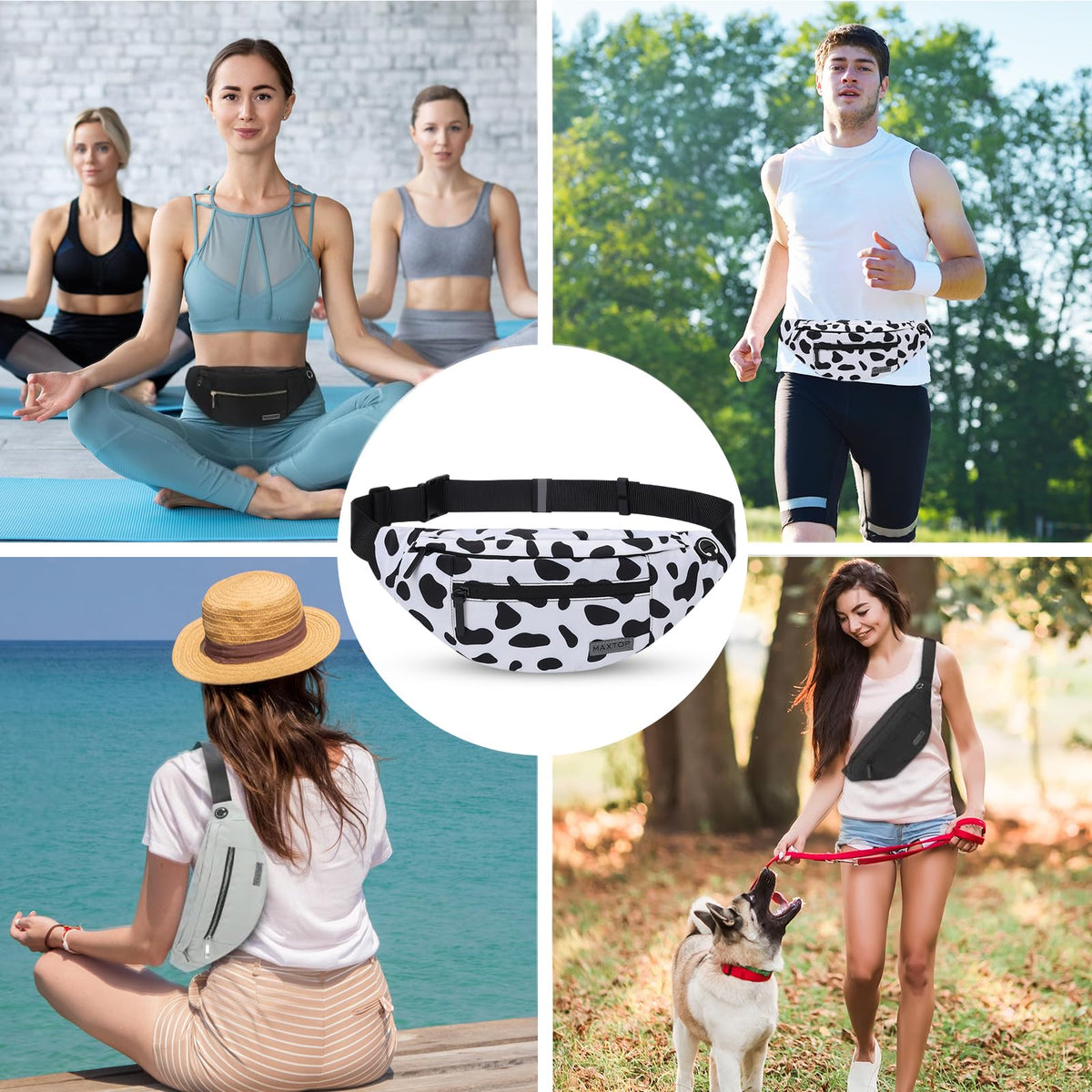 MAXTOP Large Bumbag Waist Fanny Pack Running Belt for Men Women Unisex Bum Bag with Headphone Jack and 4-Zipper Pockets Adjustable Belt for Travel Running Jogging Workout Hiking Gifts All Black