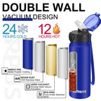 GOPPUS 600ml/20oz Stainless Water Bottle with Straw Double Wall Insulated Bottles with Strap One Hand Open Vacuum Thermal Flask with Flip Top Lid Leakproof Keep Cold Drinks BPA Free