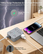 HANYCONY Surge Protector Power Strip, 10 Ft Braided Extension Cord, 1080J