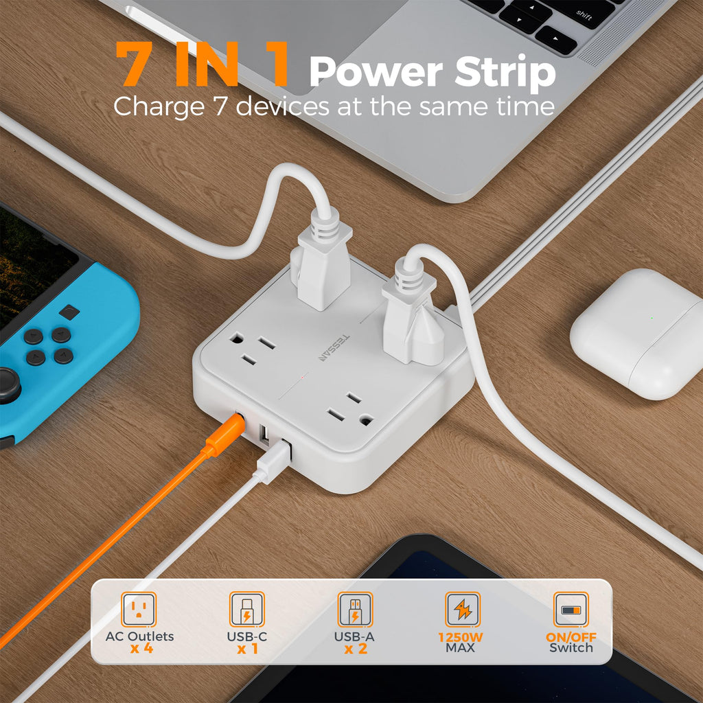 TESSAN PD 20W Surge Protector Extension Cord 5Ft, Flat Plug Power Strip