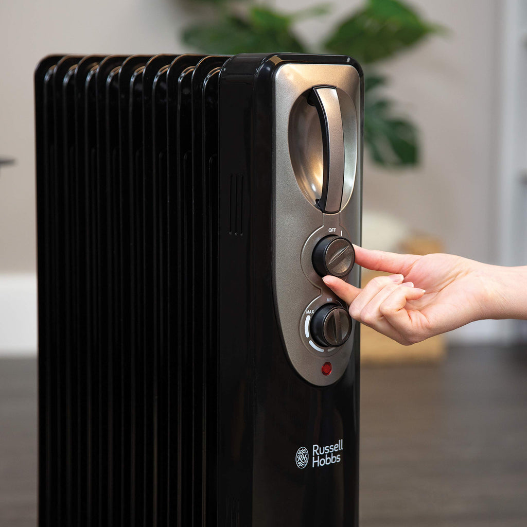 Russell Hobbs 2000W/2KW Oil Filled Radiator, 9 Fin Portable Electric Heater - White, Adjustable Thermostat with 3 Heat Settings, Safety Cut-off, 20 m sq Room Size, RHOFR5002, 2 Year Guarantee