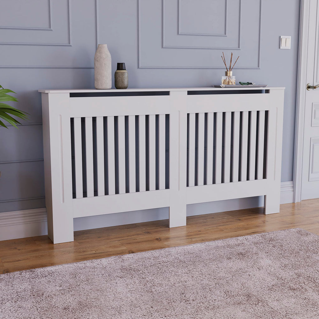 Vida Designs Chelsea Radiator Cover White - Medium - Modern Vertical Slat Design For Optimal Heat Circulation - H82xW111xD19cm - Painted MDF Cabinet Ideal For Living Room & Hallway