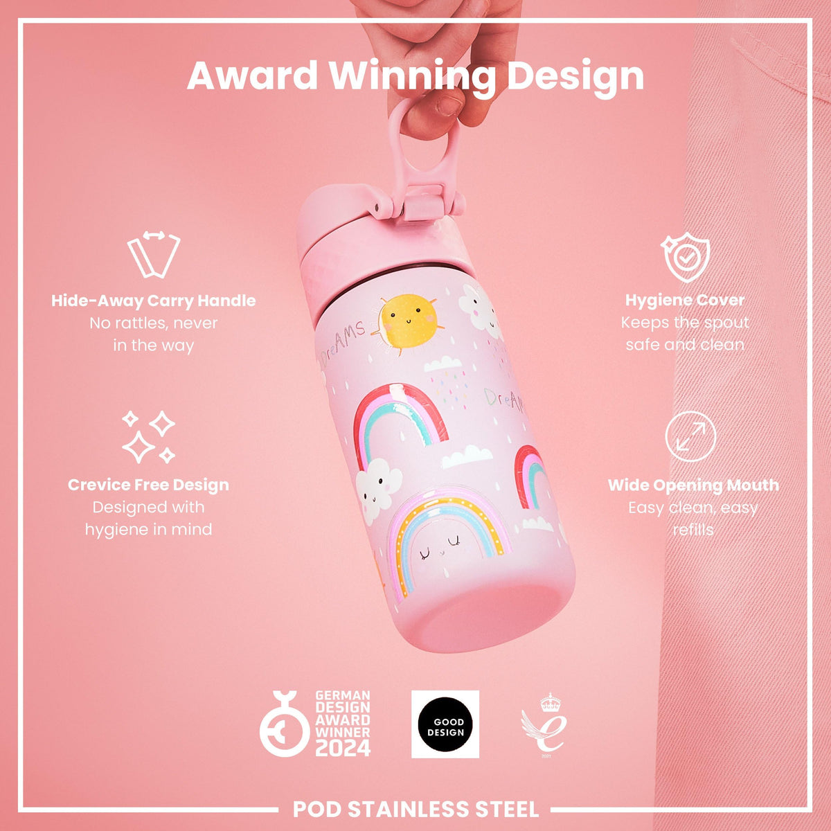 ION8 Lightweight Steel Kids Water Bottle, 400ml/13oz, Purple Unicorns