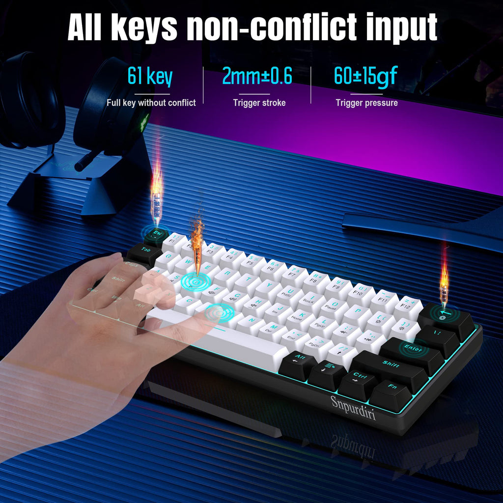 Snpurdiri 60% Wired Mechanical Gaming Keyboard, Ice Blue LED Backlit 61 Keys Mini Wired Office Keyboard for Windows Laptop PC Mac (Black-White, Red Switches)