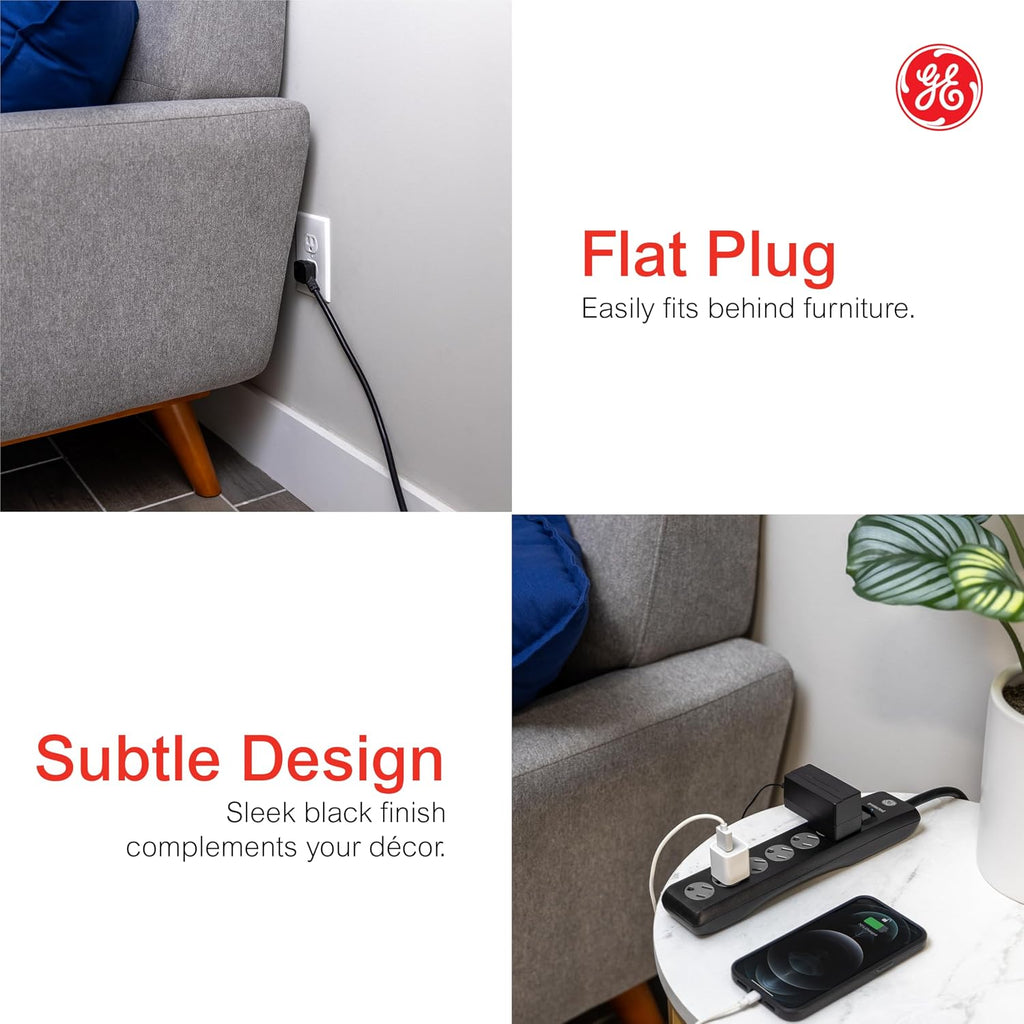 GE Surge Protector Power Strip, 6 Ft Extension Cord, 6 Outlet Extender