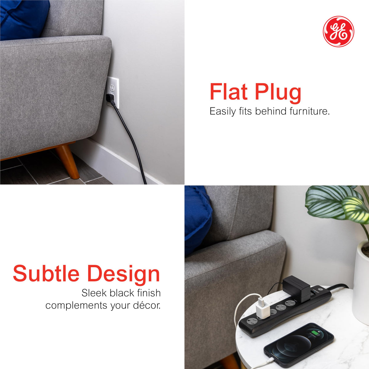 GE Surge Protector Power Strip, 6 Ft Extension Cord, 6 Outlet Extender
